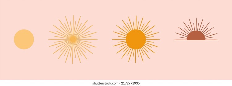 Vector set of linear boho icons and symbols - sun logo design templates - abstract design elements for decoration in modern minimalist style for social media posts, stories.