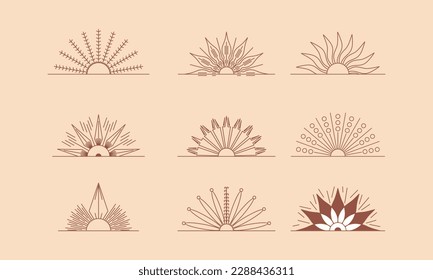 Vector set of linear boho icons and symbols - sun logo design templates - abstract design elements for decoration in modern minimalist style for social media posts, stories, for artisan jewellery