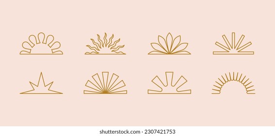 Vector set of linear boho icons and symbols - sun logo design templates  - abstract design elements for decoration in modern minimalist style for social media posts, stories, for artisan jewellery, ha