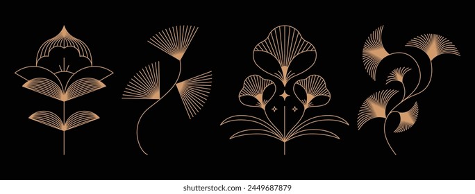 Vector set of linear boho icons and symbols - floral illustrations, abstract design elements, logo templates in modern minimalist line style, botanical organic cosmetics