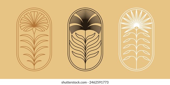 Vector set of linear boho icons and symbols - floral illustrations, abstract design elements, logo templates in modern minimalist line style, botanical organic cosmetics
