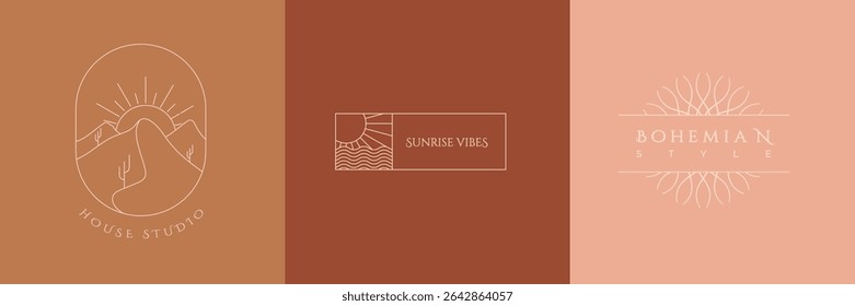 Vector set of linear boho icons and symbols with earthy tones features desert hills, sun motifs, and elegant line art. Ideal for branding, studio identity, or bohemian-style event promotions
