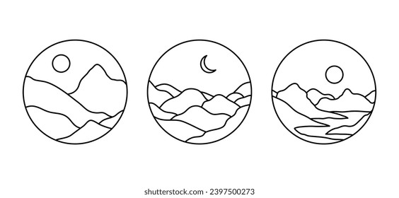 Vector set of linear boho illustrations with mountains, landscapes, deserts or sea. Travel emblems, symbols in trendy minimal bohemian and oriental style for social media, invitations, branding