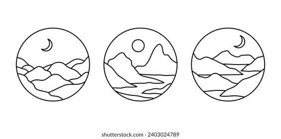 Vector set of linear boho illustrations with mountains, landscapes, deserts or sea. Travel emblems, symbols in trendy minimal bohemian and oriental style for social media, invitations, branding