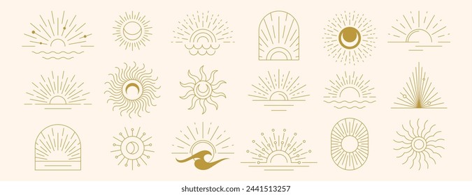 Vector set of linear boho moon, sunset and light rays. Hand drawn sunburst, golden outline sun line art icons in minimal bohemian style. Mystic magic esoteric symbols, celestial logo design elements.