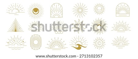 vector set of linear boho moon sunset and light rays hand