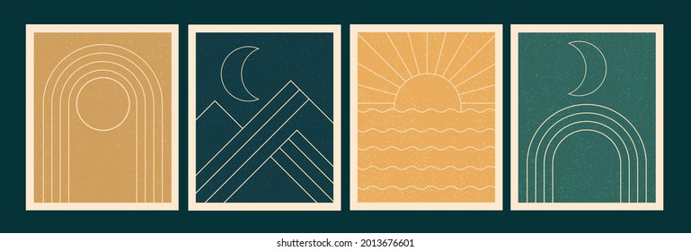 Vector set of linear boho posters. Moon, sun, rainbow, sea, mountain logo design templates. Minimalist abstract design elements, prints with canvas texture.