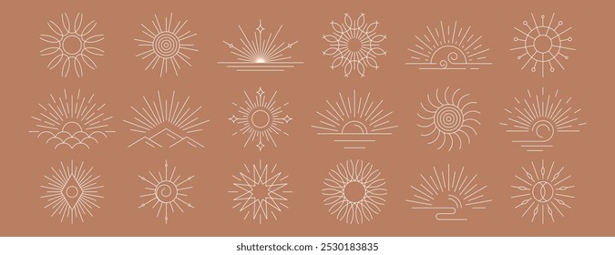 Conjunto de Vector de logotipo boho lineal de la salida del sol, símbolos de la puesta del sol o rayos solares. Dibujado a mano sunburst, Elementos de diseño de línea delgada de rayo de sol de contorno blanco en estilo bohemio mínimo. Icono espiritual esotérico mágico místico