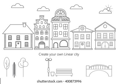 Vector set of linear buildings, trees and bridge. Linear city collection. Create your own linear city.