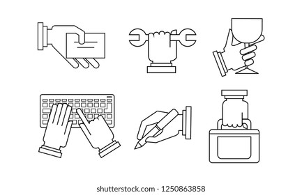Vector set of linear business icons. Hand with business card, wrench, wineglass, keyboard, pen and briefcase