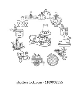 Vector set of linear cartoon icons for Thanksgiving day. Collection traditional Fall and Thanksgiving elements. Happy Thanksgiving lettering isolated on white.