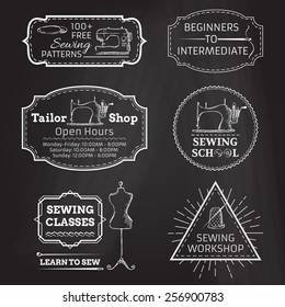 Vector set of linear chalk badges, labels, logo templates and frames. Retro simple sewing and fashion design elements. There is place for your text.