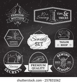 Vector set of linear chalk badges, labels, logo templates and frames. Retro simple sewing and fashion design elements. There is place for your text.