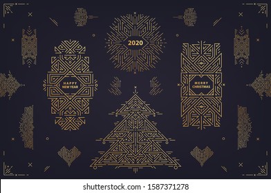 Vector set of linear christmas, new year geometric design elements, frames, borders. Use for poster, banner, card, party invitation. Art deco golden christmas tree illustration, art deco ornaments