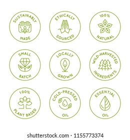 Conjunto vectorial de elementos de diseño de círculo lineal, plantillas de logotipo, iconos y distintivos para los cosméticos naturales orgánicos con ingredientes ecológicos salvajes obtenidos a base de plantas, fabricados de forma sostenible y de origen ético