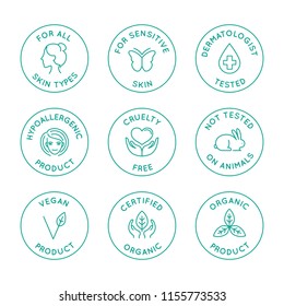 Vector set of linear circle design elements, logo templates, icons and badges for natural organic cosmetics and beauty products with safe eco ingredients - not testes on animals, for all skin types 