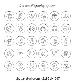 Vector set of linear circle design elements, logo templates, icons, and badges for eco packaging with - eco-friendly, recycling, animal care, woman-owned, ethnically sourced, no plastic bottle, and