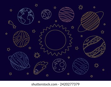 Vector set of linear color illustrations of planets of the solar system on a dark blue background