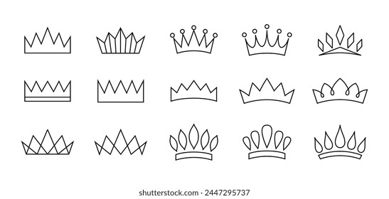 Vector set of linear crowns isolated on white background. Outline crown pictogram collection for mobile app and web site design
