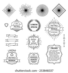 Vector Set Of Linear Design Elements. Retro Badges, Ribbons, Labels, Frames And Wreath Isolated On White Background.