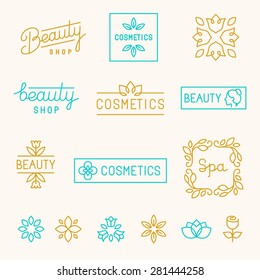 Vector set of linear design elements and logos for beauty shops and cosmetic industry - mono line lettering