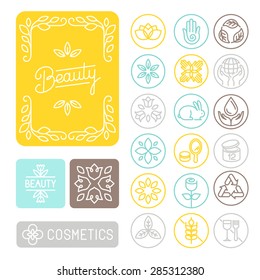 Vector set of linear design elements, emblems and icons for packaging design for beauty and cosmetic industry - floral frames; not tested on animals; gluten free and recycled