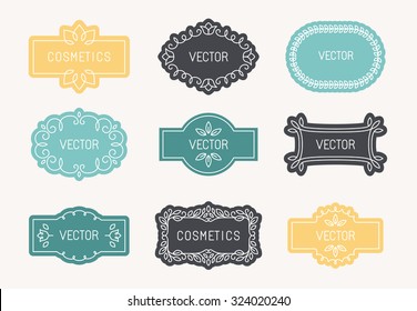 Vector set of linear design elements, packaging labels and frames in trendy style for cosmetics and beauty products - abstract templates in mono line style