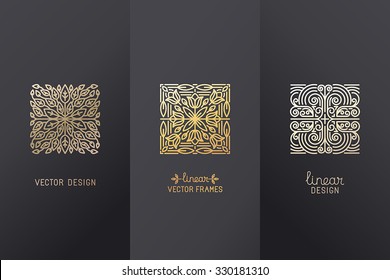 Vector set of linear design elements, logo design templates and mono line badges for packaging - abstract concepts for luxury products and services - emblems in golden foil style on  black background