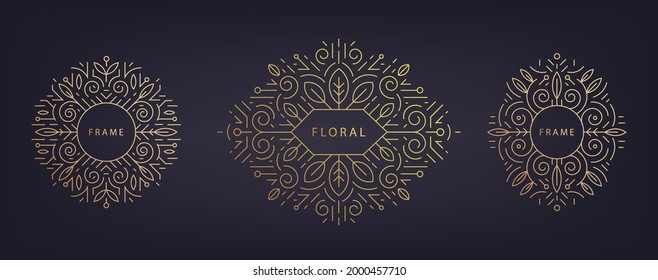 Vector set of linear design templates with copy space for text,  leaves - wedding invitation backgrounds and frames, social media stories wallpapers. Artdeco nature golden frames