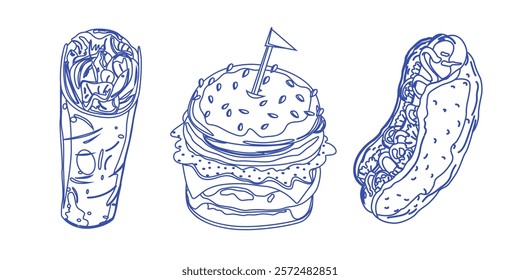 Vector set of linear doodles food icons. Outline, linear, thin line art, hand drawn sketch. Fast food line art. Illustrations of food for coloring by numbers. Italian food cuisine