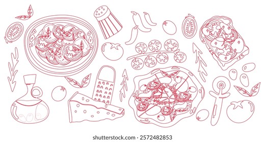 Vector set of linear doodles food icons. Outline, linear, thin line art, hand drawn sketch. Fast food line art. Illustrations of food for coloring by numbers. Italian food cuisine