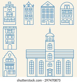 Vector set of linear elements and icons with buildings and skyscrapers for construction map, design or infographics - part 2 - linear vector elements