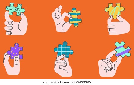 Vector Set of Linear Elements Related to Hand Holding colour Puzzle Piece, Construction, Organization, Structure for Design 