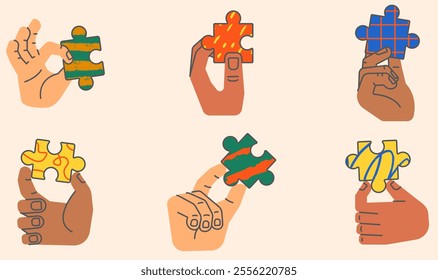 Vector Set of Linear Elements Related to Hand Holding colour Puzzle Piece, Construction, Organization, Structure. Graphic Elements for Design