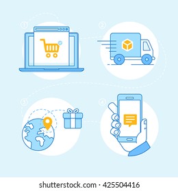 Vector set of linear flat icons and infographics design elements - internet shopping process - online shop on the screen of the laptop, tracking order, delivery and notification on mobile phone