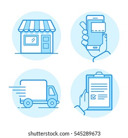 Vector set of linear flat icons and infographics design elements - internet shopping process - shop building with awning, online mobile payment, delivery truck and receiving order