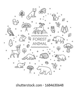 Vector. Set of linear vector forest animals