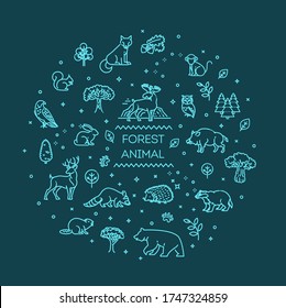 Vector. Set of linear vector forest animals