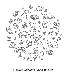 Vector. Set of linear vector forest animals