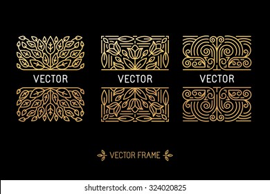 Vector set of linear frames and floral backgrounds with copy space for text - abstract labels for packaging and stationery in vintage hipster style 