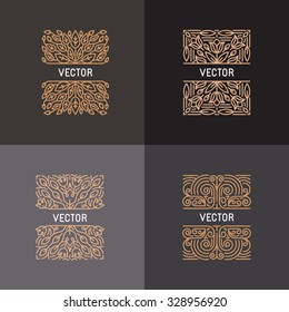 Vector set of linear frames and floral backgrounds with copy space for text - abstract labels for packaging and stationery in vintage hipster style 