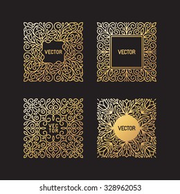 Vector set of linear frames and floral backgrounds with copy space for text - abstract labels for packaging and stationery in vintage hipster style - in golden style on black background