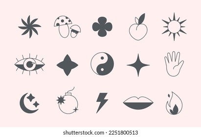 Vector set of linear fun patches,stickers,geometric shapes in 90s style.Abstract icons or symbols in y2k aesthetic.Kid core design elements for banners,social media marketing,branding,packaging,covers