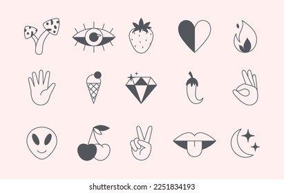 Vector set of linear fun patches,stickers,geometric shapes in 90s style.Abstract icons or symbols in y2k aesthetic.Kid core design elements for banners,social media marketing,branding,packaging,covers