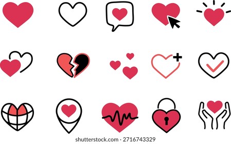 Vector set of linear heart icons for love, healthcare and social media design