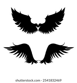 A Vector set of linear heraldic Icarus wings. Collection of black angel or bird wings with feathers. Design element for tattoo, logo or mascot. Birds Wings for background vector for logo