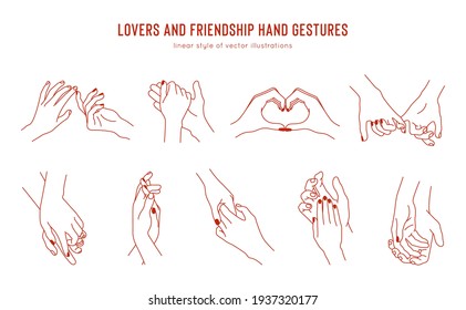 Vector set of linear holding hands gestures, logo design template. Love and friendship hands for tattoo, print and sticker design elements.  Card template for valentines day.