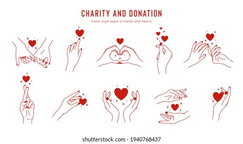 Vector set of linear holding hands gestures, logo design template for charity and donation concepts. Love and friendship hands for tattoo, print and sticker design elements.  