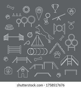 Vector Set Of Linear Icons, Agility Sport Equipment And Items For Dog Training, Isolated On Grey Background