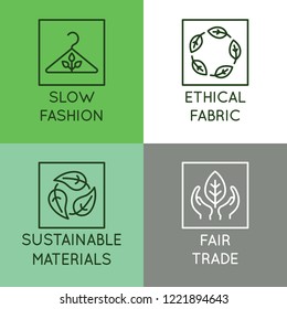 Vector Set Of Linear Icons And Badges Related To Slow Fashion - Ethical Fabric, Sustainable Materials, Fair Trade - Eco-friendly Manufacturing And Organic Certified Producing Of Garment And Apparel 